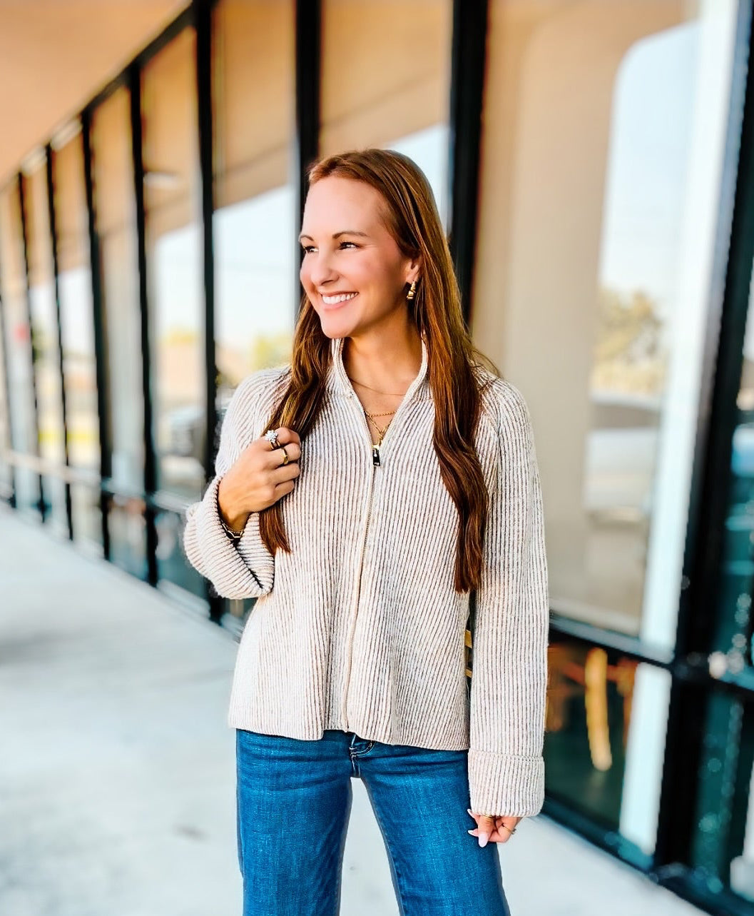 ZIP-UP RIBBED SWEATR