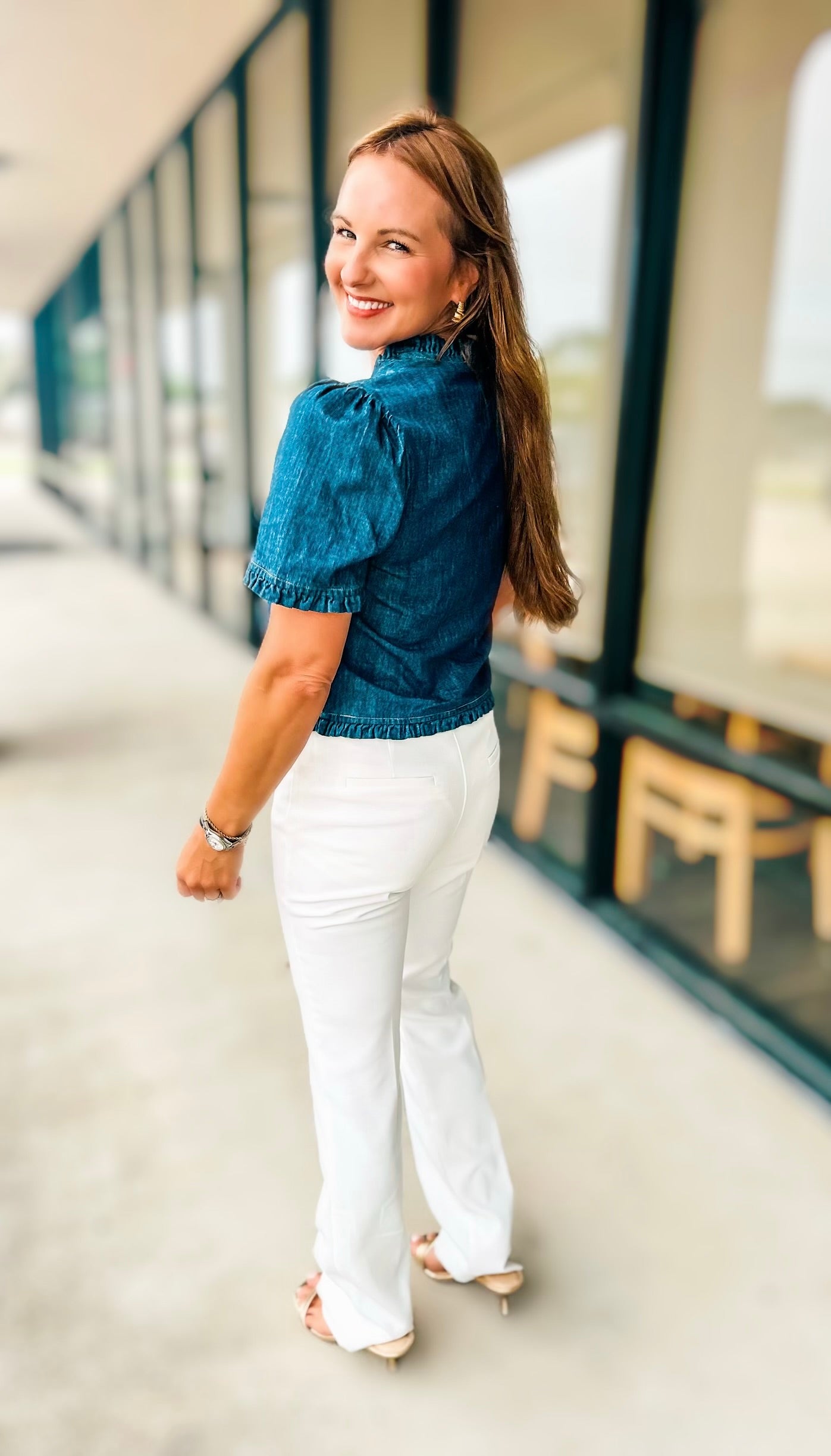 CHARM DENIM RUFFLE TOP