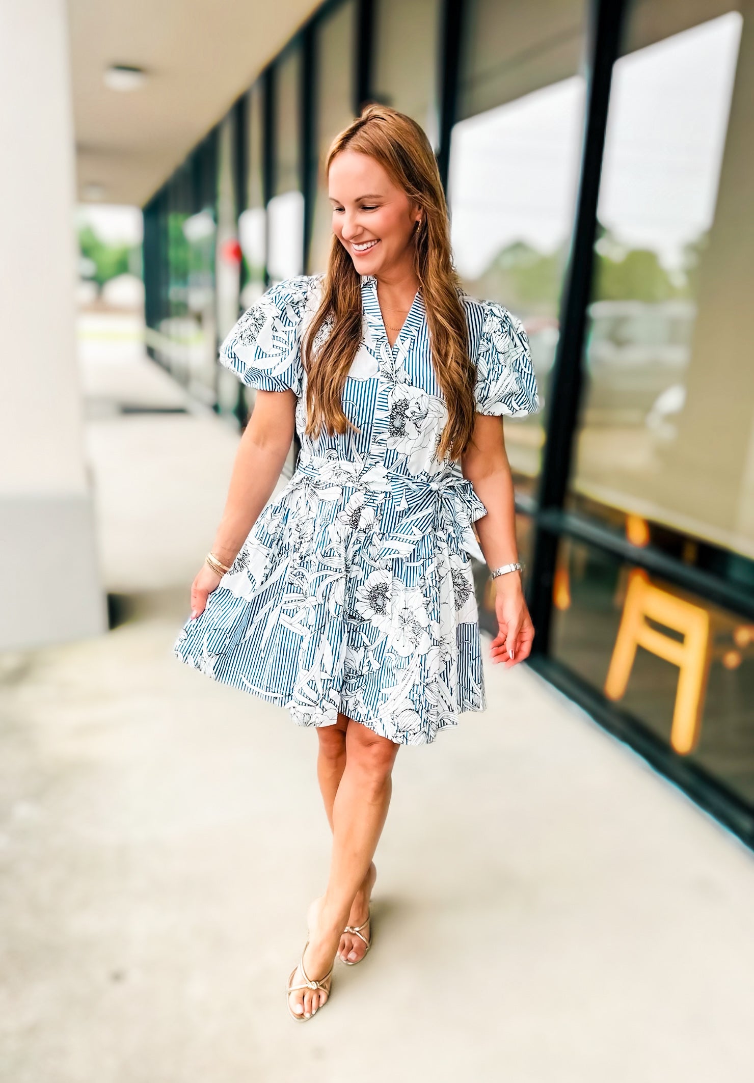 Blue and white floral sketch and striped dress