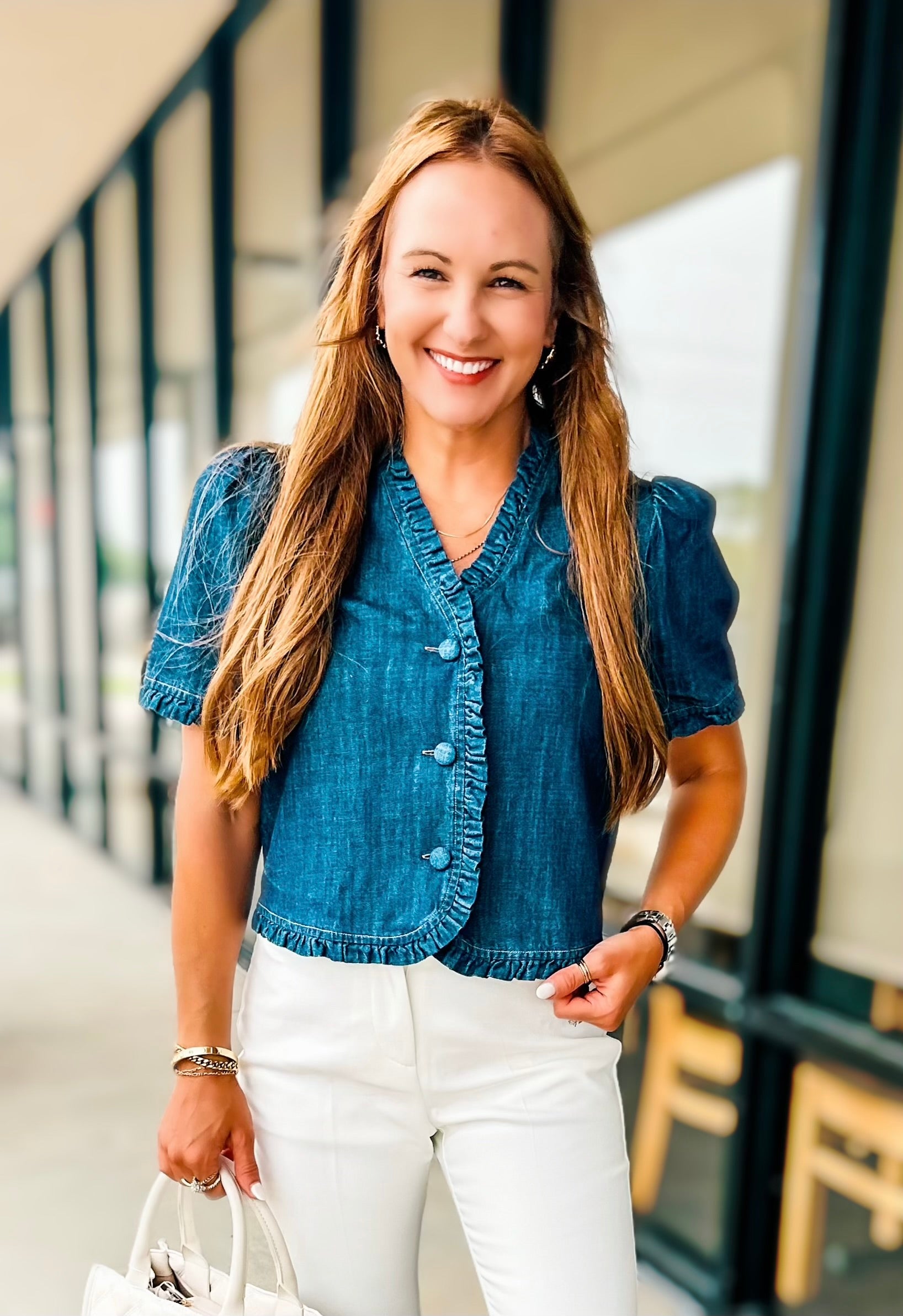 CHARM DENIM RUFFLE TOP
