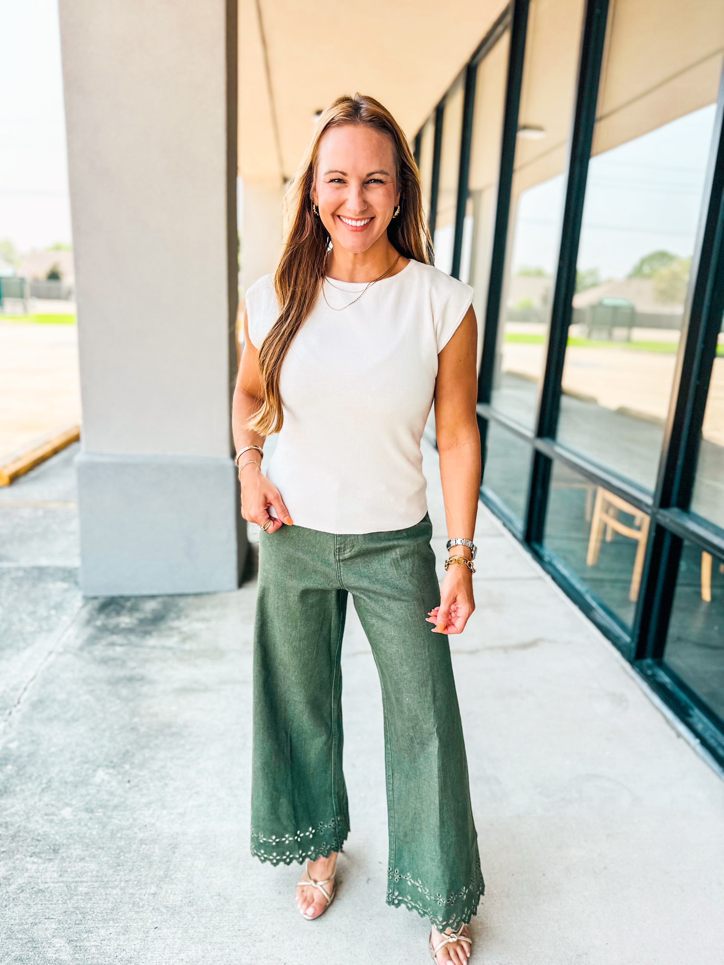 OLIVE EYELET PANTS